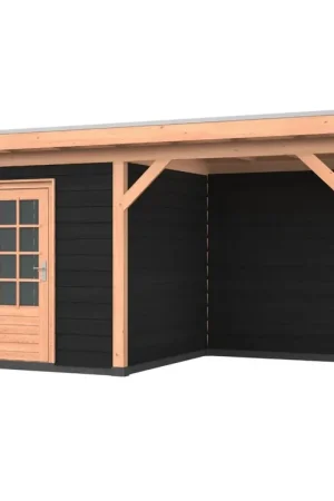 Fabrieksprijs Douglas overkapping, 500 x 300, met schuur en achterwand, Westwood Comfort Zwart